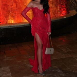 Custom Elegant Red Lace Off-Shoulder Dress by Lumnije Krasniqi